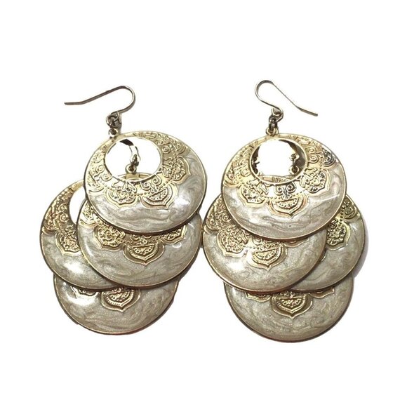 Vintage Gold-Tone Multi-Layer Circular Medallion Dangle Earrings With Intricate - Picture 1 of 2